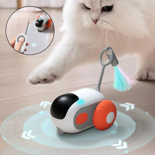 White cat playing with blue and orange remote control robotic car cat toy with obstacle avoidance and colorful tail