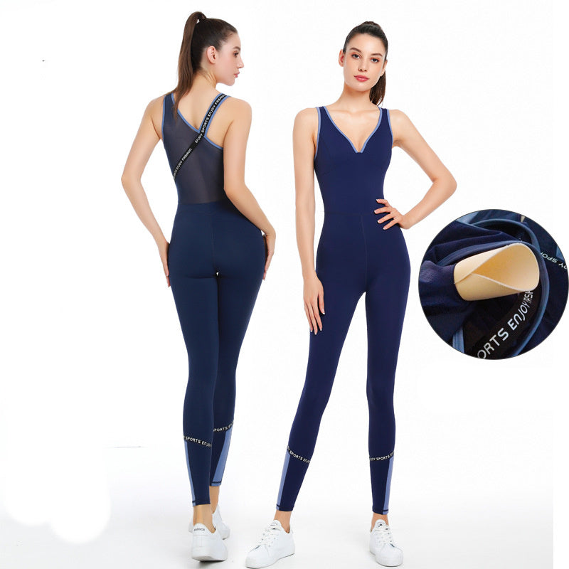 Women wearing blue yoga bodysuit activewear with mesh back and removable padding, white sneakers
