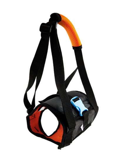 Adjustable black and orange dog assist harness with padded handle and blue buckle for senior dog mobility support