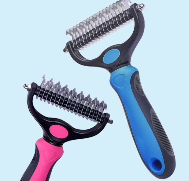 Blue and pink ergonomic double-sided stainless steel pet combs for deshedding and dematting