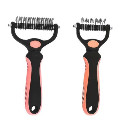 Double-sided stainless steel pet combs with ergonomic black and pink handles for deshedding and dematting