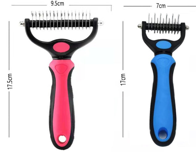 Double-sided stainless steel pet grooming combs with ergonomic handles in pink and blue, 17cm length