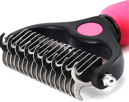 Blue double-sided stainless steel pet comb with ergonomic pink handle for deshedding and dematting