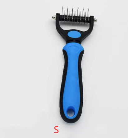 Blue and black double-sided stainless steel pet grooming comb with ergonomic handle on white background