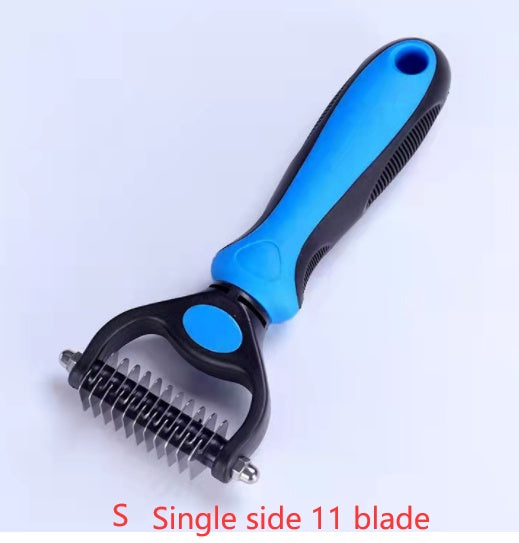 Blue and black ergonomic pet comb with single side 11 stainless steel blades for deshedding