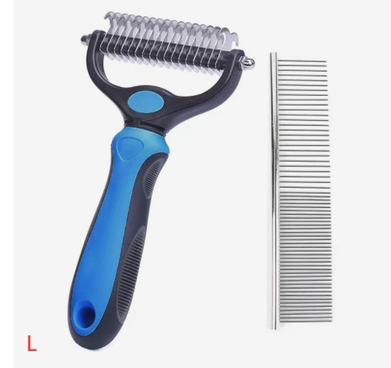 Blue and black ergonomic double-sided stainless steel pet deshedding comb with metal grooming comb