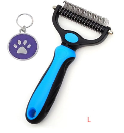 Blue and black ergonomic double-sided stainless steel pet comb with deshedding and dematting blades, purple paw print keychain