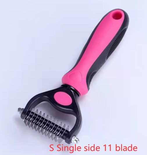 Pink and black ergonomic deshedding pet comb with 11 stainless steel blades for grooming