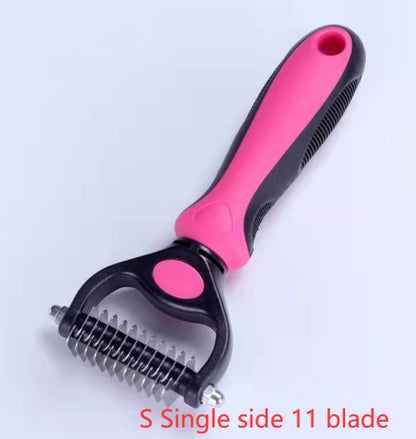 Pink and black ergonomic deshedding pet comb with 11 stainless steel blades for grooming
