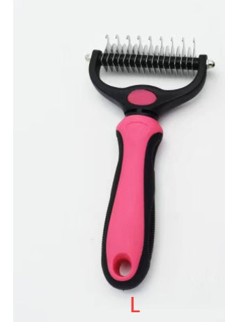 Double-sided stainless steel pet deshedding comb with pink and black ergonomic handle