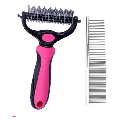 Double-sided stainless steel pet comb with pink and black ergonomic handle and metal grooming comb
