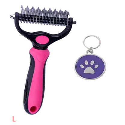 Double-sided stainless steel pet grooming comb with pink handle and purple paw print pet tag