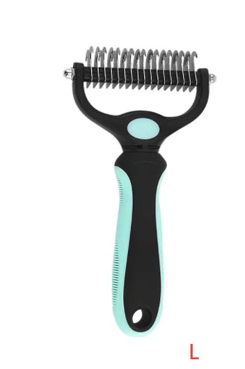 Blue and black ergonomic double-sided stainless steel pet deshedding and dematting comb