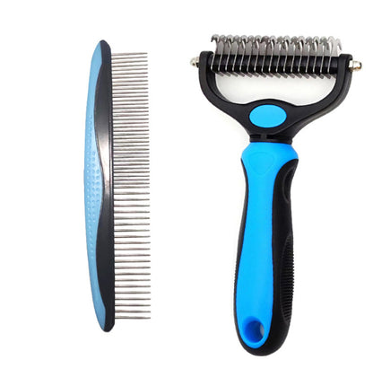 Blue and black double-sided stainless steel pet grooming comb and deshedding tool on white background