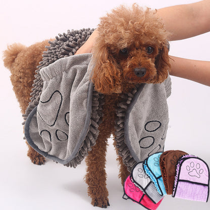 Small brown poodle drying with grey microfiber pet towel with paw print design and extra mitts in various colors