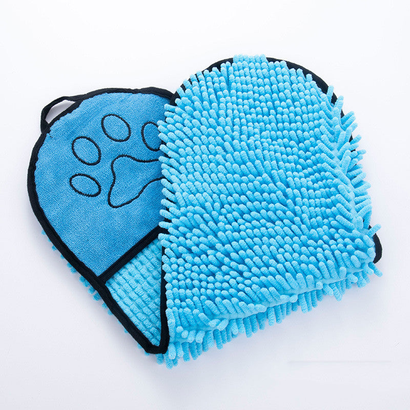 Blue microfiber pet towel mitt with double pockets and paw print design for dog bath