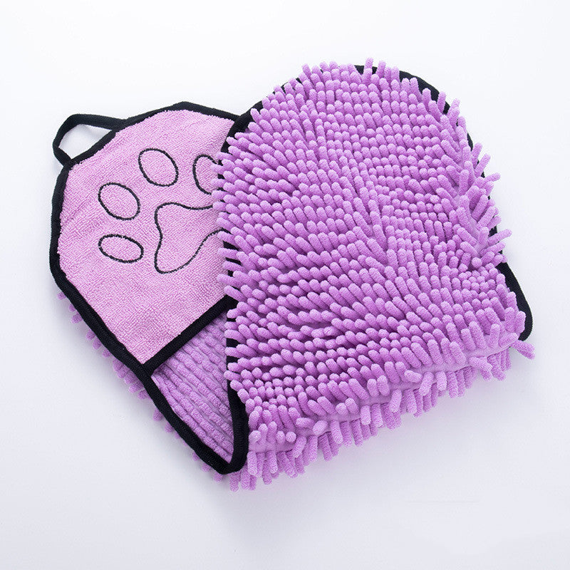 Purple microfiber pet grooming glove with soft chenille fingers and paw print design
