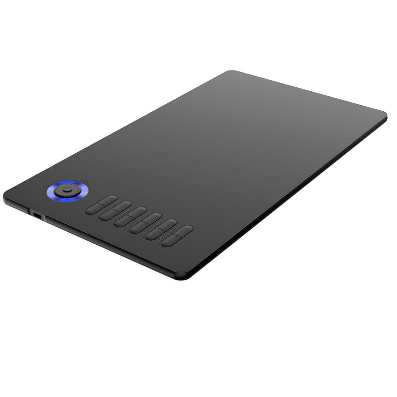 Black Trendoligy drawing tablet with 10 customizable buttons and blue-lit dial, sleek 10x6 design