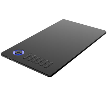 Black Trendoligy drawing tablet with 10 customizable buttons and blue-lit dial, sleek 10x6 design
