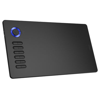 Black digital drawing tablet with blue circular dial and eight shortcut buttons on the left side