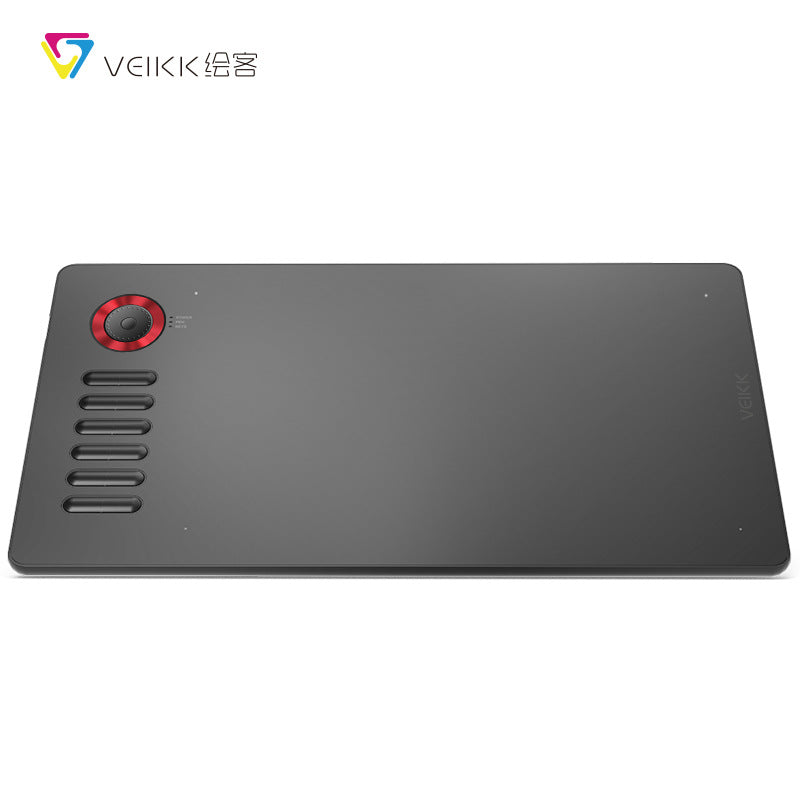 Veikk digital drawing tablet with six shortcut keys and red control dial on gray surface