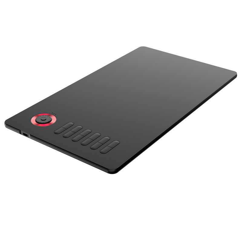 black digital drawing tablet with six shortcut keys and red circular dial on white background