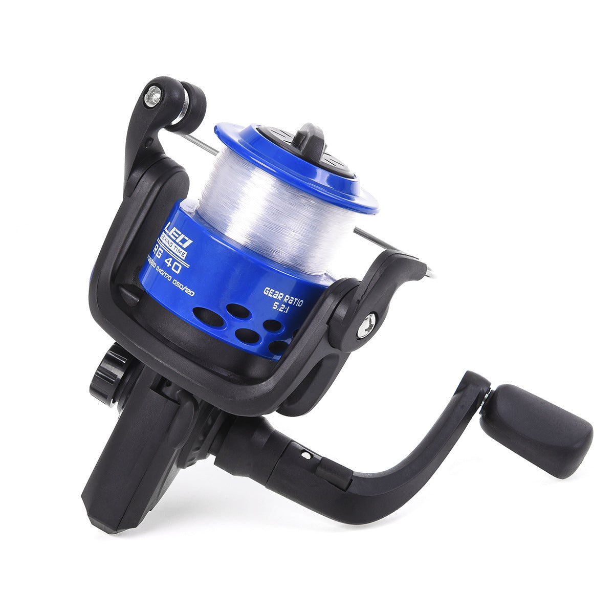 Blue and black spinning fishing reel with white fishing line and gear ratio 5.2:1 on white background