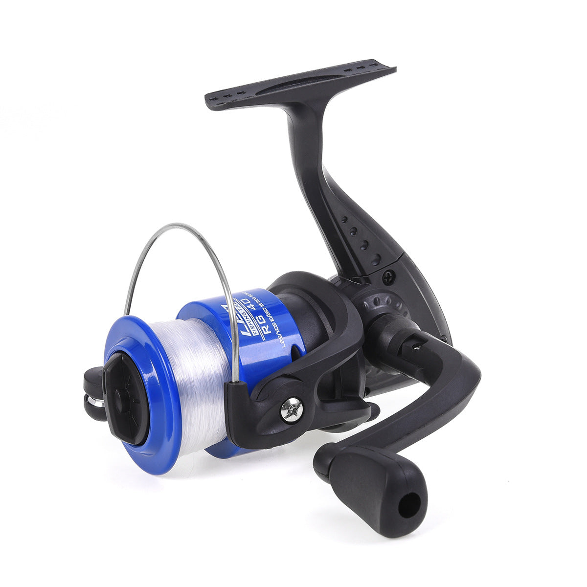 Blue and black fishing reel with white fishing line on white background