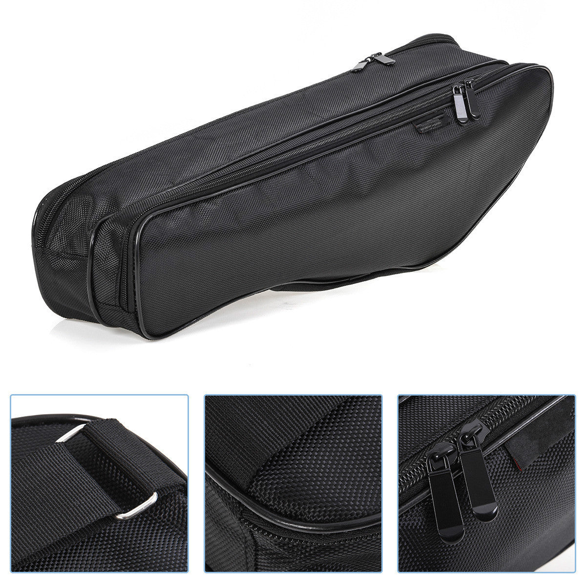 black telescopic fishing rod kit carrying case with zipper and strap details