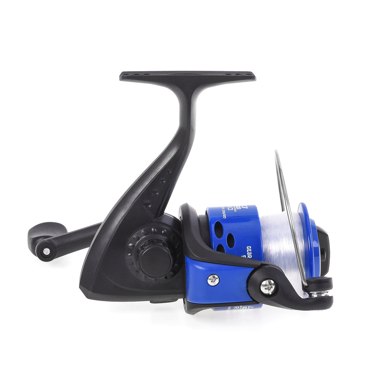 Blue and black spinning fishing reel with white fishing line on a white background