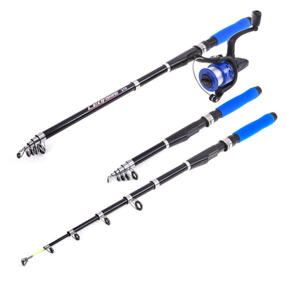 Black and blue telescopic fishing rod kit with reel and foam grips isolated on white