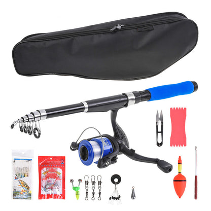 Telescopic fishing rod kit with blue handle, reel, tackle accessories, and black carrying case