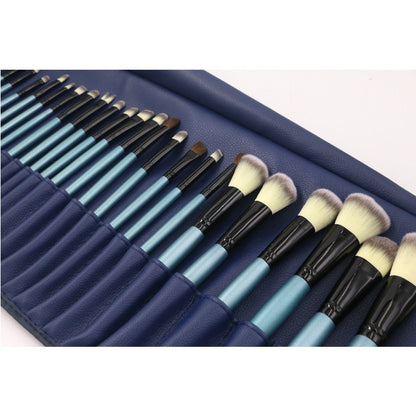 32-piece blue makeup brush set with synthetic bristles in a blue leather roll-up case