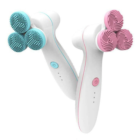Two electric 3D silicone facial cleansing brushes with textured heads, one blue and one pink