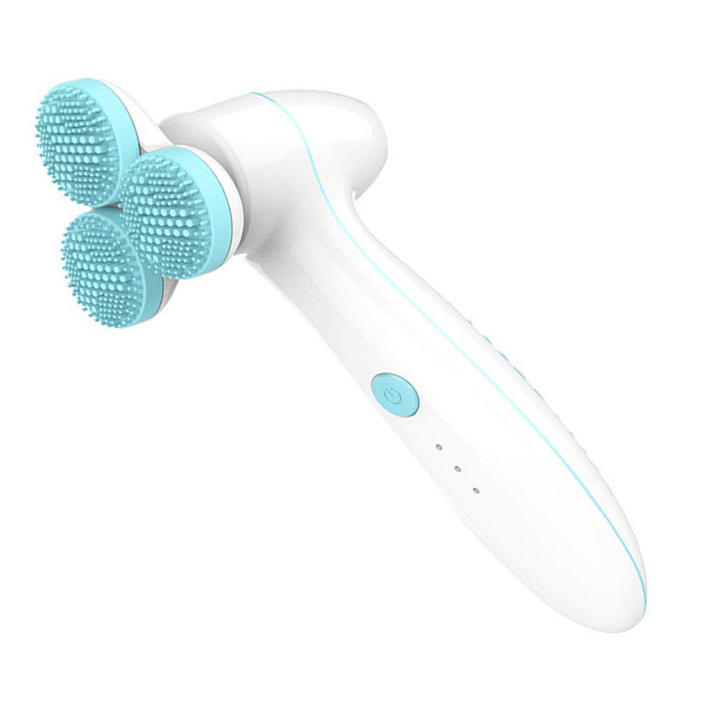 White and blue 3D silicone facial cleansing brush with three round brush heads and power button