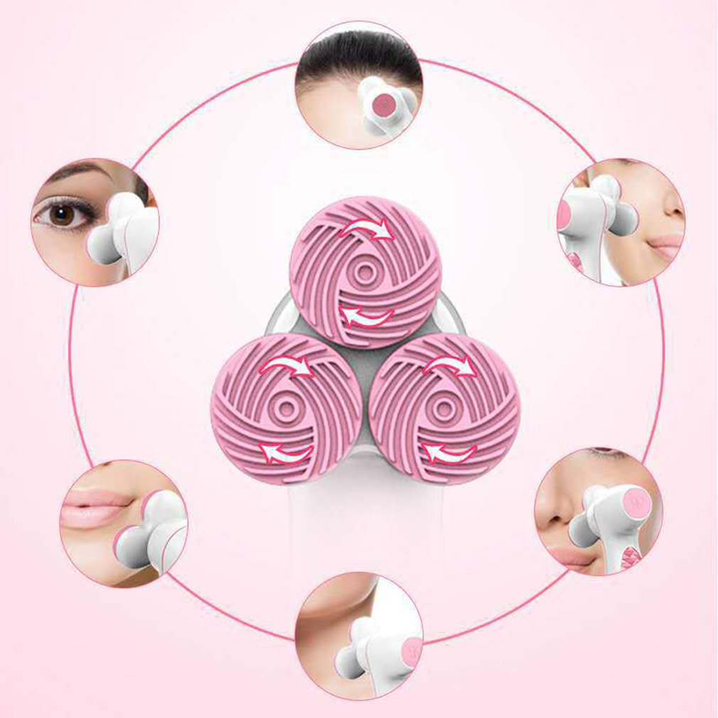 3D silicone facial cleansing brush with three rotating pink heads shown in use on different face areas