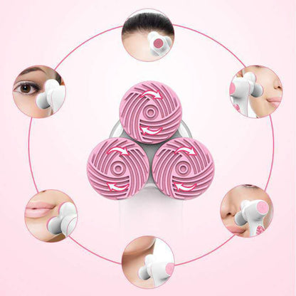 3D silicone facial cleansing brush with three rotating pink heads shown in use on different face areas