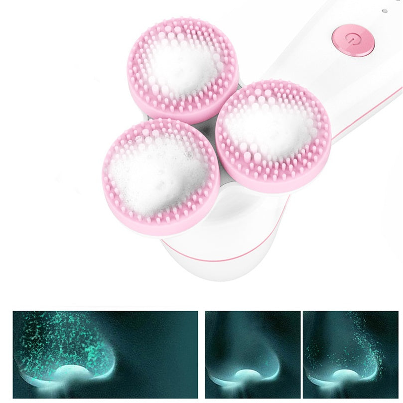 White and pink 3D silicone facial cleansing brush with foam on bristles and nose pore cleaning effect images