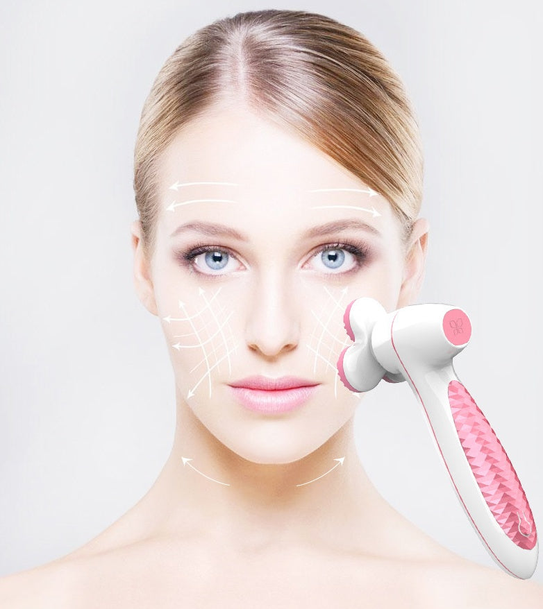 Woman using white and pink facial cleansing brush with arrows showing skin lifting and smoothing on face