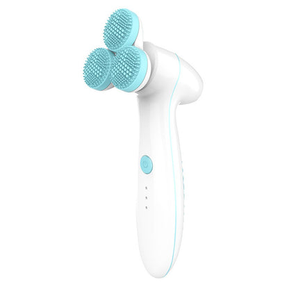 White and blue 3-head silicone facial cleansing brush with blue power button and soft bristles