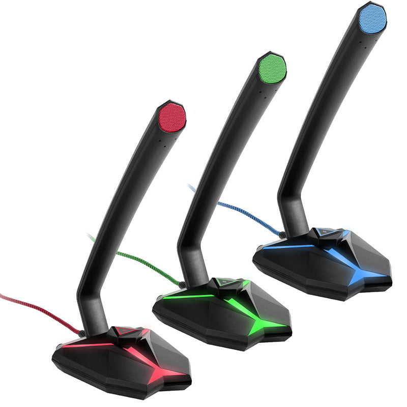 Three Trendoligy G33 omnidirectional USB gaming microphones in red, green, and blue with illuminated bases