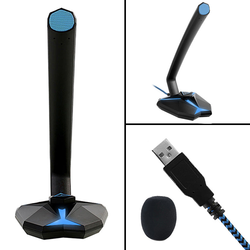 Trendoligy G33 black USB gaming microphone with blue accents, foam cover, and braided cable