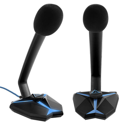 Black and blue geometric USB gaming microphone with omnidirectional foam cover on white background