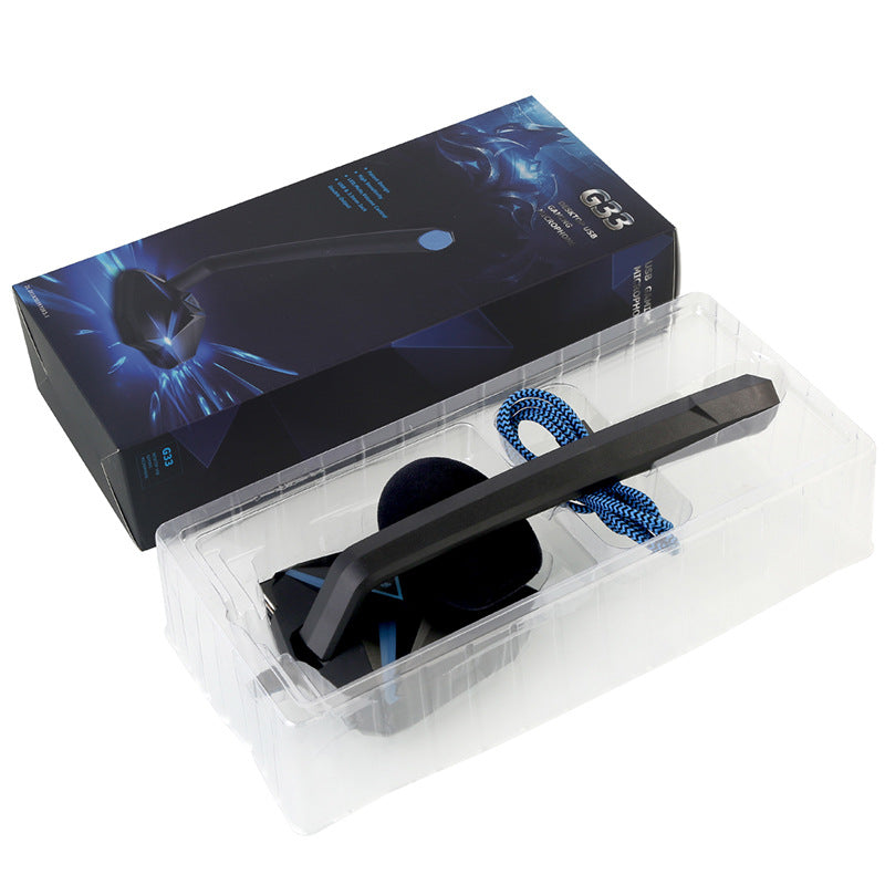 Blue Trendoligy G33 omnidirectional USB gaming microphone in clear plastic packaging with retail box