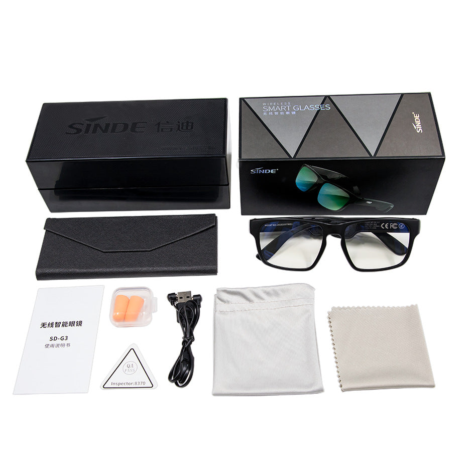 Sinde wireless smart glasses with black frames, carrying case, USB cable, earplugs, cleaning cloths, and packaging box