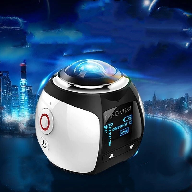 Compact digital 5MP Trendoligy VR camera with panoramic lens and OLED display in futuristic cityscape