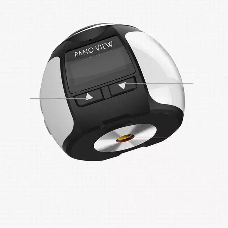 Compact digital camera with panoramic view screen and control buttons in black and white design