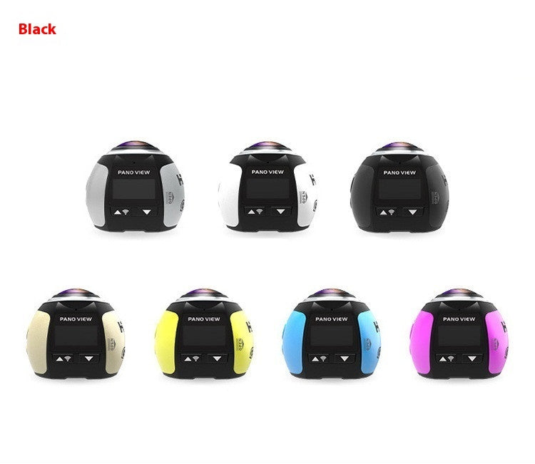 Seven compact digital panoramic VR cameras in black, white, beige, yellow, blue, and pink with Pano View screen