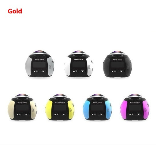 Eight compact panoramic VR cameras in black with varying color accents including gray, white, black, gold, yellow, blue, and pink on a white background