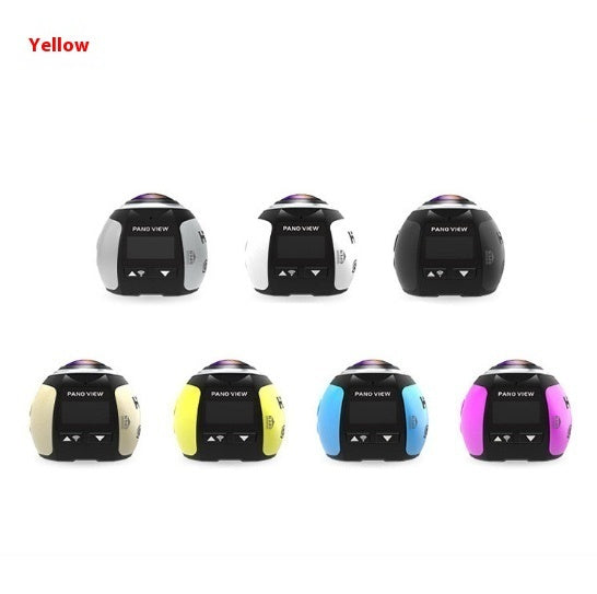 Seven compact Pano View VR 360-degree cameras in black with various colors including white, black, beige, yellow, blue, and pink